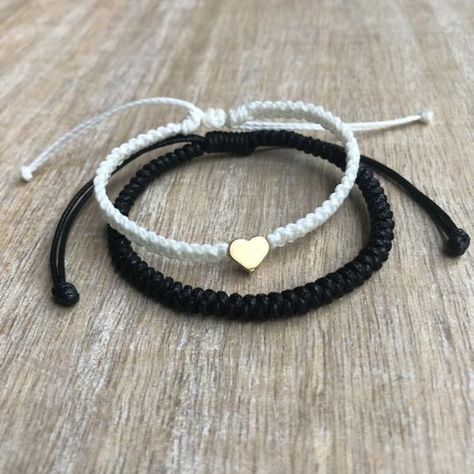 Gold Heart Couple Bracelets Black and White His and Hers | Etsy Initial Couples, Hemp Anklet, Heart Couple, Relationship Bracelets, Matching Couple Bracelets, Couples Bracelets, Bracelets For Boyfriend, Bracelets Black, Bracelet Couple