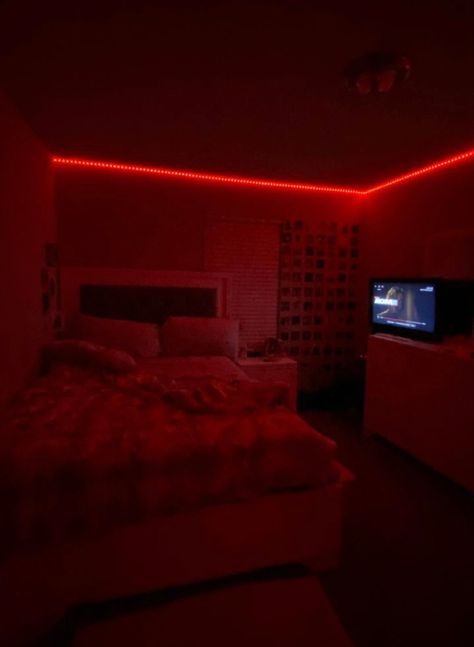 Red Bedroom Aesthetic Modern, Bedroom With Red Led Lights, Red Neon Bedroom, Red Aesthetic Room Ideas, Red Room Ideas Bedrooms, Red And White Room, Red Bedroom Aesthetic, Red Dorm, Small Room Inspo