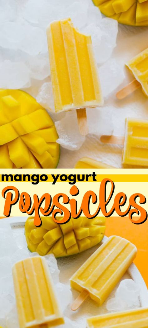 These refreshing Mango Yogurt Popsicles are a simple summer treat that require just 3 ingredients and no refined sugar! #mangopopsicles #mangoicecream #mangorecipes #homemadepopsicles #amandascookin Summer Food Kids, Adult Popsicles, Summer Popsicle Recipes, Dessert Yogurt, Mango Bread, Mango Desserts, Mango Yogurt, Mango Popsicles, Fit Meals