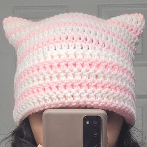 Look what I just found on Depop 👀 Crochet Beanie Beabadoobee, Pink And White Cat Beanie, Cat Beanie Crochet Beabadoobee, Pink Cat Beanie, Pink Yarn Beanie, One Size Fits Most, Cat Eared Beanie, Streetwear Accessories, Pink Cat, White Crochet