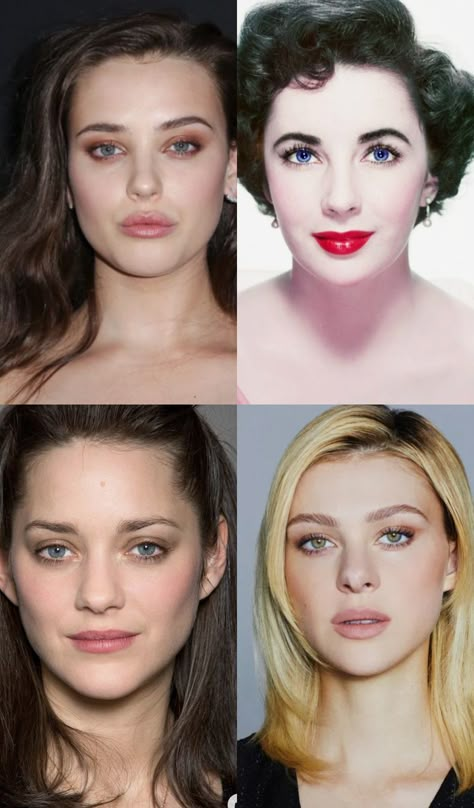 Katherine Langford, Elizabeth Taylor, Marion Cotillard, and Nicola Peltz Marion Cotillard Style, Body Type Kibbe, Kibbe Essence, Deep Autumn Makeup, Dreamy Makeup, Romantic Body Type, Ethereal Classic, Kibbe Soft Dramatic, Truth Is Beauty