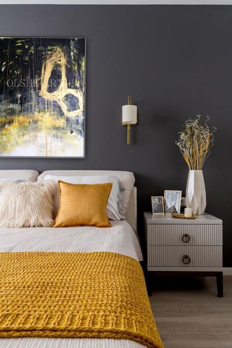 Grey And Gold Bedroom, Dark Gray Bedroom, Bold Bedroom, Yellow Bedroom Decor, Grey Bedroom Decor, Gold Bedroom, Yellow Bedroom, Bedroom Color Schemes, Gray Bedroom