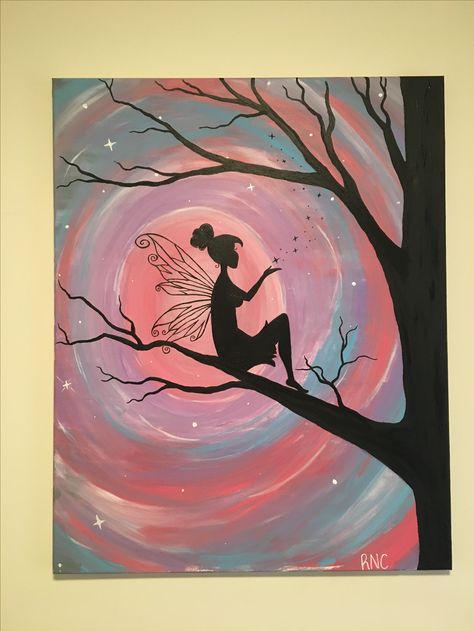 Fairy in a tree. Fairy Tree Painting, How To Paint Fairies, Enchanted Painting, College Scrapbook, Expressive Drawing, Fairy Silhouette, Fairy Paintings, Halloween Fairy, Fairy Tree