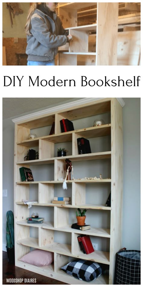 Offset Shelves, Diy Bookshelf Wall, Diy Bookshelf Plans, Woodshop Diaries, Bookcase Plans, Floor To Ceiling Bookshelves, Free Building Plans, Large Bookshelves, Rustic Bookcase