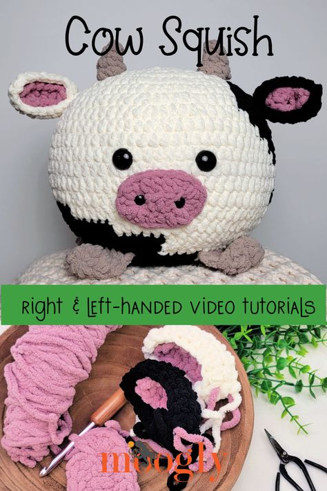 The Cow Squish Tutorial will show you how to crochet this cuddly oversize cow amigurumi - in both right and left-handed video tutorials! Follow along with the free written crochet pattern on Moogly! via @moogly Crochet Squish, Paw Crochet, Left Handed Crochet, Crocheted Cow Pattern, Amigurumi Cow, Crochet Cow, Crochet Animals Free Patterns, Crochet Design Pattern, Crochet Amigurumi Free