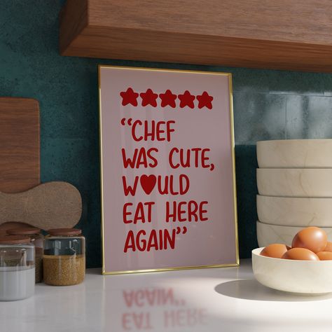 "\"5 Stars, Chef was cute, would eat here again\" Review Print - Love heart series Welcome to my store, and thank you for visiting! I specialise in photography and designing digital art prints for your enjoyment. With a wide variety of styles and more to come, you can decorate your home in your unique fashion. Available as an A3, A4 or A5 print or as a digital copy for you to print at home. Please contact me if you would prefer a digital print instead FEATURES: - Printed on high-quality premium Typography Christmas Card, Holographic Print, Dining Room Wall Art, Kitchen Posters, Wall Art Minimalist, Trendy Prints, Kitchen Prints, Dining Room Walls, Production Company