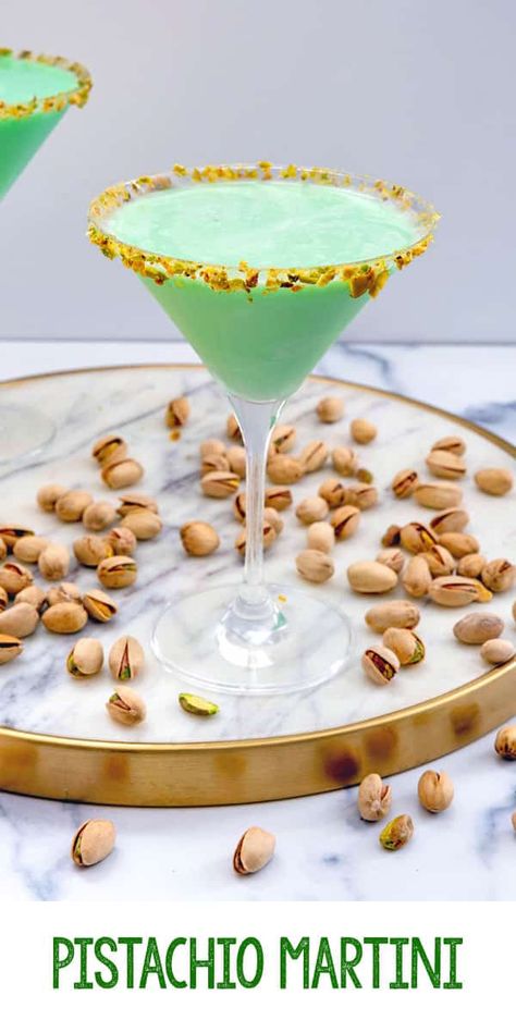 Pistachio Martini -- Smooth, nutty, and slightly sweet with a light creaminess, this Pistachio Martini is the perfect drink for all pistachio lovers. Made with homemade pistachio liqueur (with the option to use store-bought) and tinted lightly green, you can enjoy this cocktail on St. Patrick's Day and all year round. via @wearenotmartha Pistachio Pairings, Pistachio Simple Syrup, Pistachio Espresso Martini, Pistachio Liqueur Drinks, Pistachio Martini Recipe, Pistachio Drink, Easy To Make Cocktails, Pistachio Butter, Pistachio Recipes