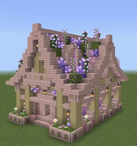 Minecraft Brown Aesthetic, Lavender Minecraft House, Cherry Blossom Windmill Minecraft, Cute Witchy Minecraft Builds, Light Blue Minecraft House, Minecraft House Details, Girly Minecraft Builds Easy, Fairy Houses Minecraft, Minecraft Cute Village