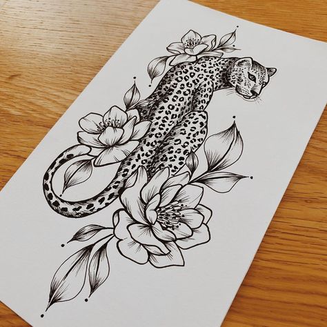 Leapord Tattoo Women, Animal Leg Tattoos, Lepord Print Tattoo Design, Leopard Tattoos For Women, Lepord Tattoo Idea, Animal And Flower Tattoo, Leopard Hip Tattoo, Leapord Tattoo Ideas, Leopard Thigh Tattoo