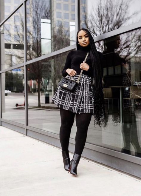 Long Boot Outfits Fall, Black Fall Outfits Black Women, Fall Outfits With Skirts Black Women, What To Wear To The Fair Fall, Black Collar Shirt Outfit Woman, Office Christmas Party Outfit Black Women, Leather Holiday Outfit, Furneal Ideas Outfits Black, Black Women Winter Outfits Fashion Ideas