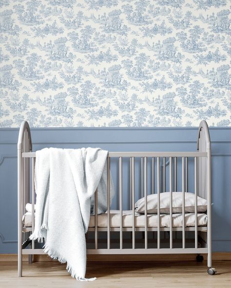 Create a sweet + serene space for your little one with this Chateau Toile peel and stick wallpaper in the color Blue Bell! #babysroom #babysroomdecor #nurserydecor #nurseryinspo #nurseryideas #bluenursery #neutralnursery #myhomestyle #myhomevibe #peelandstick #myhousebeautiful #myhouseandhome #inspiremehomedecor #peelandstickwallpaper #diynursery #cribdecor #homesofinstagram #interiorinspo #cornerofmyhome #toile #blueandwhitedecor #blueandwhitelove #blueandwhitehome Blue And White Wallpaper, Toile Wallpaper, Toile Pattern, Blue Toile, Commercial Wallpaper, Blue Nursery, Blue Bell, Well Decor, French Countryside