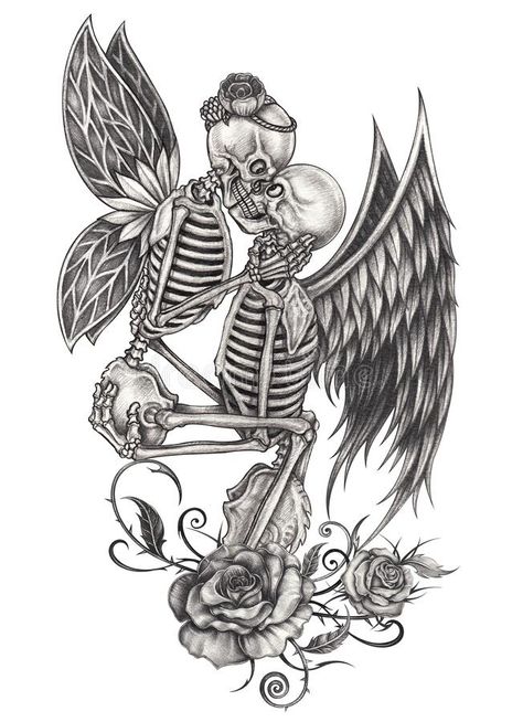 Art Surreal Couple Fairy and Angel Skull Tattoo Stock Illustration - Illustration of evil, human: 201421341 Angel Skull Tattoo, Skull Tattoo Hand, Surrealism Drawings, Gothic Fairy Tattoo, Dark Angel Tattoo, Fairy Wing Tattoos, Skull Butterfly Tattoo, Angel Skull, Surrealism Drawing