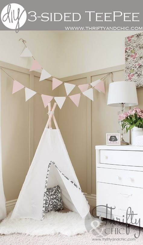 DIY 3 sided teepee. Only cost $7 to make! Very nice tutorial and measurements here. Teepee Tutorial, Diy Teepee, Tipi Tent, Tee Pee, Teepee Tent, Diy Nursery, Deco Originale, Big Girl Rooms, Play Room