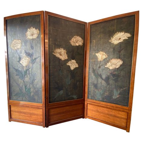 Rare vintage beautifully hand painted three panel room divider. This would be great in a dining room as it’s framed out in satinwood and gold trim. Room Divider Vintage, Painted Room Divider, Screen Painting, Panel Screen, Panel Room Divider, Room Screen, Burnt Umber, Be Great, Room Paint