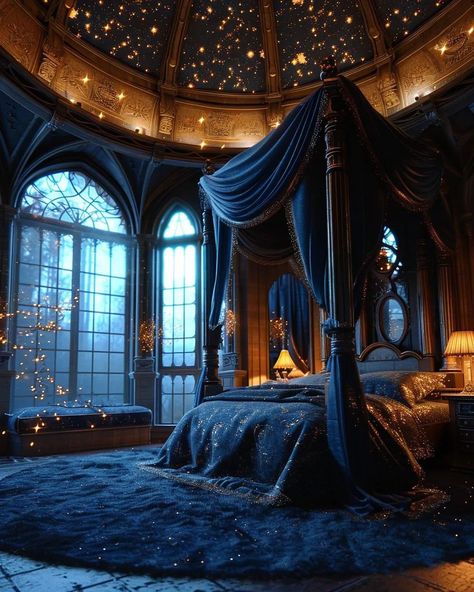 Tower Bedroom Aesthetic, Fantasy Castle Interior Bedrooms, Fantasy Hotel Room, Starry Ceiling Bedroom, Royal Bedroom Concept Art, Night Court Bedroom, Astrology Bedroom Aesthetic, Fantasy Dorm Room, Turret Bedroom