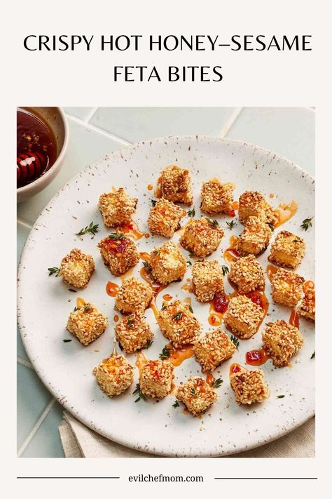 Crispy Hot Honey–Sesame Feta Bites Recipe Tamago Egg Recipe, Sesame Feta, Honey Feta, Eggplant Caponata Recipe, Feta Honey, Caponata Recipe, Feta Bites, Eggplant Caponata, Honey Sesame