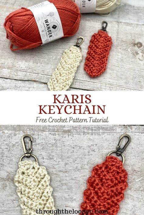 Karis Keychain - Free Pattern | Through The Loop Yarn Craft Crochet Free Patterns Keychains, Crochet Items For Teachers, Free Crochet Patterns For Keychains, Crochet Hat Keychain, Diy Crochet Keychain Ideas, Easy Crochet Teacher Gifts, Crochet Fidget Keychain Free Pattern, Easy Keychain Crochet, Small Crochet Ideas To Sell