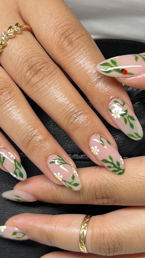 Milky Nail Designs, Botanical Nail Art, Botanical Nails, Milkweed Flower, Botanic Nails, Garden Nails, Almond Nail, Bling Acrylic Nails, Trendy Nail Design