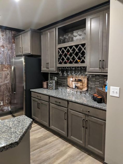 Basement Bar Full Fridge, Bar With Full Size Refrigerator, Full Fridge, Basement Wet Bar, U Shaped Bar, Bar Room Decor, Refrigerator Ideas, Basement Bar Design, Basement Games