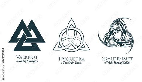 Viking symbols set. Three isolated  icons of pagan norse sign valknut, triquetra and skaldenment. Scandinavian vector illustration for tattoo, print and t-shirt design. Stock Vector Viking Flash Tattoo, Valknut Tattoo Design, Valknut Tattoo, Pagan Tattoos, Triquetra Tattoo, Isolated Icons, Pagan Tattoo, Scandinavian Tattoo, Norse Design