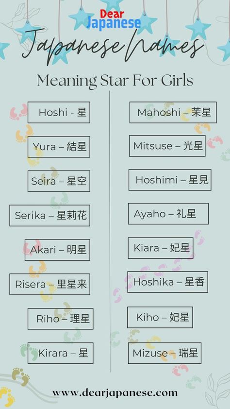 Japanese names for girls meaning star Unique Japanese Names, Japanese Names For Girls, Japanese Girl Names, Japanese Last Names, Good Girl Names, Japanese Names And Meanings, Aesthetic Names For Instagram, Names Meaning