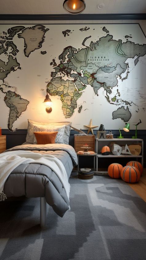 Kids Room Idea Travel Themed Bedroom, Light Blue Bedding, Travel Themed Room, Travel Bedroom, Japanese Bedroom, Travel Memorabilia, Relaxation Room, Travel Theme, Room Idea