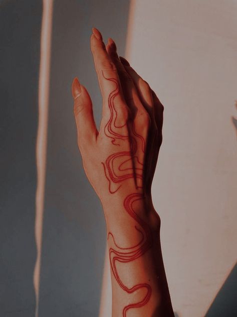 Red Thread Tattoo, Red Abstract Tattoo, White Ink Tattoo On Dark Skin, Red Arm Tattoo, Red Hand Tattoo, Finger Henna Designs, Hand And Finger Tattoos, White Ink Tattoo, Fantasy Tattoos