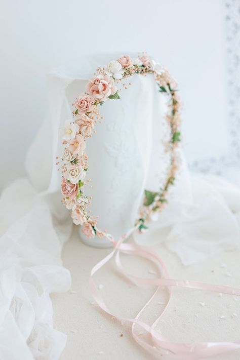 Dried flower crown with baby's breath and dusty rose flowers. Bridal headpiece, flower hair wreath, fairy crown, blush pink wedding headband Pink Rose Crown, Fairy Hairstyles, Dusty Rose Flowers, Dried Flower Crown, Flower Wreath Hair, Headpiece Flower, Blush Pink Wedding, Wedding Hair Wreath, Fairy Crown