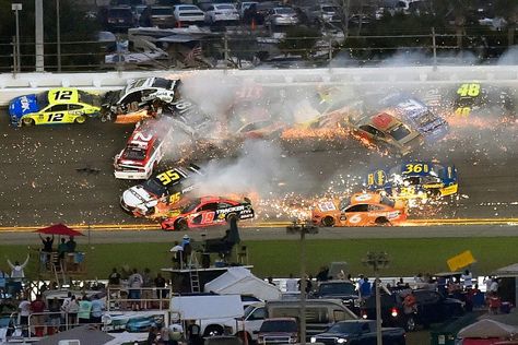 The Daytona 500 'Big One' crash that halted a NASCAR fairytale - NASCAR - Autosport Nascar Wrecks, Nascar Crash, Red White And Boom, In Plane, Nascar Champions, Martin Truex Jr, Kyle Busch, Old Race Cars, Dale Jr