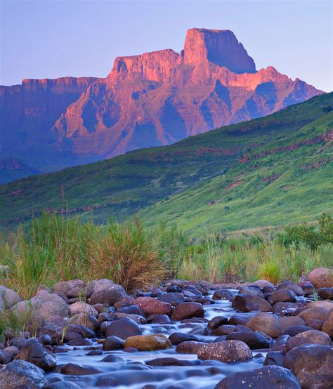 SOUTH AFRICA - The sun sets on Sentinel Peak in the Drakensberg Mountains © Emil Von Maltitz / Getty Images )Visit KwaZulu-Natal, South Africa, for stable weather, mighty mountains, moving history and massive mammals.) South Africa Nature, Jewelry Moodboard, South Africa Road Trips, Haute Route, Drakensberg Mountains, Countryside Photography, Photography Places, African Skies, Stunning Scenery