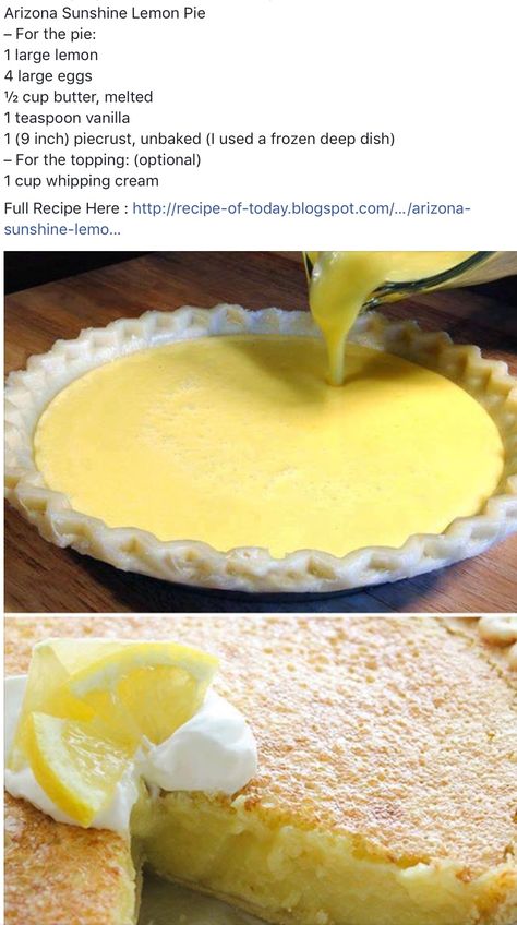 Sunshine Lemon Pie, Sunshine Pie, Lemon Pie Recipe, Pie Tart, Lemon Pie, Blender Recipes, Lemon Desserts, Lemon Recipes, Pie Dessert