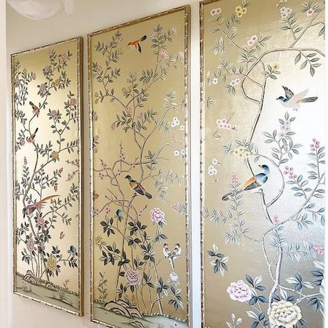 Champagne Gold Bedroom, Chinoiserie Panel, Chinoiserie Panels, Hand Painted Wallpaper, Chinoiserie Wall, Silk Wallpaper, Guest Bedroom Ideas, Chinoiserie Wallpaper, Decorative Wall Panels