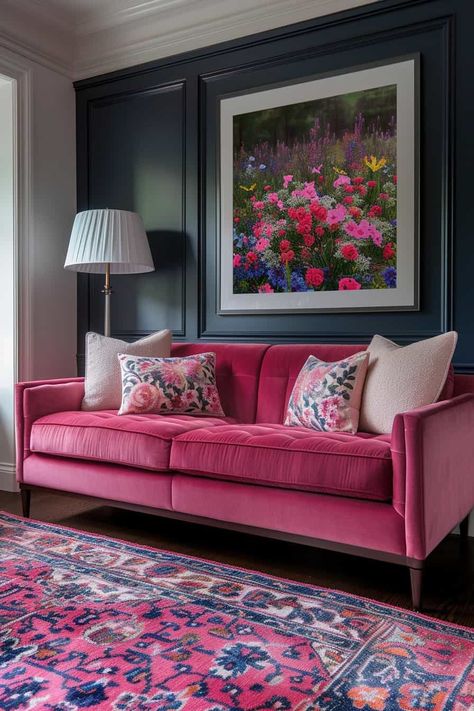 Colourful Sofas Living Rooms, Classic Vintage Decor, Modern Colourful Living Room, Colorful Sofas, Pink Couches, Bridgerton Nails, Sitting Room Ideas Cozy, Floral Interior Design, Alopecia Awareness