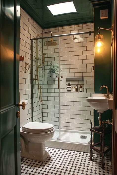 Small Ensuite Decor Ideas, Crittal Shower Bathroom, Maximalist Tiny Bathroom, 1930s House Interior Bathroom, Retro Style Bathroom Ideas, 1920s Modern Bathroom, Retro Bathroom Tile Ideas, Bathroom 8 M2, Small Uk Bathroom