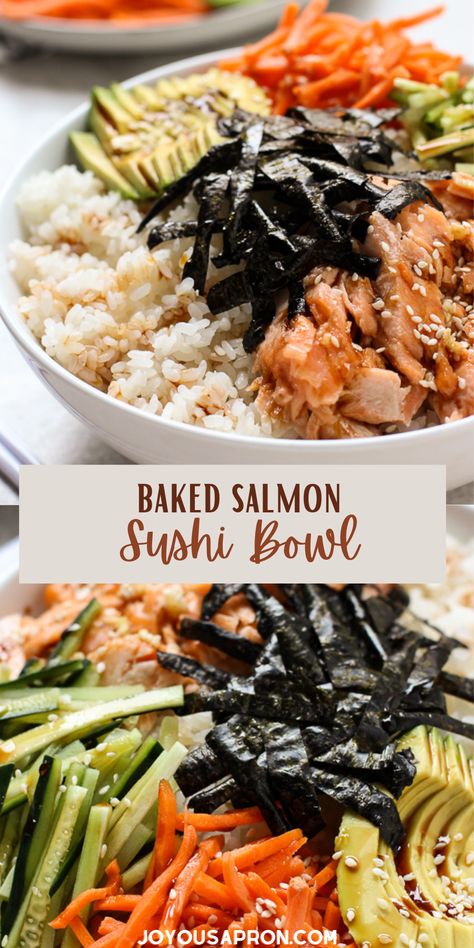 Baked Salmon Sushi Bowl - delicious, easy Asian inspired cooked sushi bowl recipe. This seafood meal is light, delicious, and topped with a yummy sushi sauce. Loaded with carrots, avocado, seaweed and cucumbers. It makes a grerat meal prep too! Salmon Sushi Bowl Recipe, Deconstructed Sushi Bowl, Baked Salmon Sushi, Nori Recipe, Salmon Sushi Bowl, Cooked Sushi, Deconstructed Sushi, Salmon Healthy, Asian Seafood