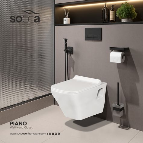 Choose the brilliant "Piano" wall-hung closet that has washdown flushing that will bring ultimate bath retreat and transform bath into serene space.  #soccasanitaryware #bathroomtrends #bathroomdesign #upgrade #bathroomfeels #sanitaryware #bathdesign Piano Wall, Piano Design, Bathroom Trends, Bath Design, Bathroom Design, Piano, Bath, Wall, Closet