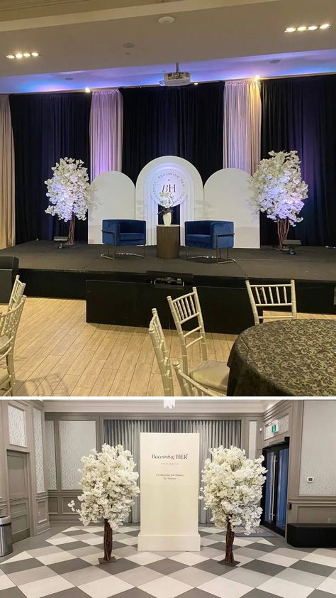 C's Chic Corporate Event At Parkview Manor • VintageBash Panelist Stage Design, Alumni Meet Decoration, Church Event Decorations, Conference Decorations Events, Corporate Event Backdrop Design, Corporate Backdrop, Corporate Event Centerpieces, Corporate Party Decorations, Conference Decor