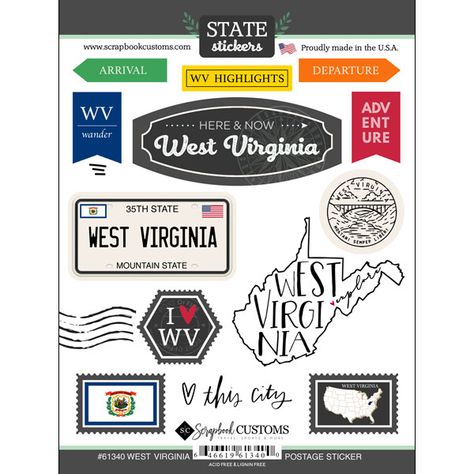 Scrapbook Customs | West Virginia Postage Sticker State Symbols, State Of Oregon, Baby Scrapbook, State Flags, Travel Scrapbook, Scrapbook Stickers, Scrapbook Supplies, Print Stickers, West Virginia