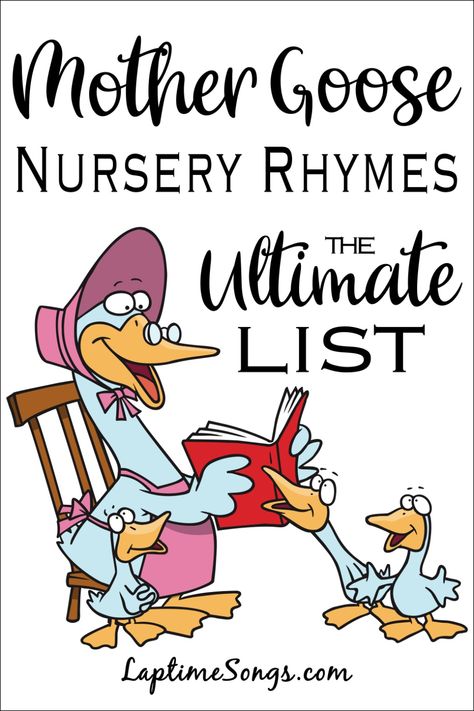 The Ultimate List of Mother Goose nursery rhymes perfect for remembering these classic rhymes. Great for preschool or toddler storytimes. Nursery Rhymes Kindergarten, Nursery Rhyme Costume, Mother Goose Nursery Rhymes, Rhyming Preschool, Nursery Rhyme Crafts, Mother Goose Nursery, Nursery Rhymes Lyrics, Nursery Rhymes Preschool, Nursery Rhyme Theme