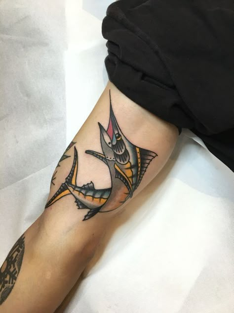 Small Traditional Animal Tattoo, Palm Sized Traditional Tattoo, Swordfish Tattoo Traditional, Trad Fish Tattoo, Traditional Marlin Tattoo, Marlin Fish Tattoo, Traditional Tattoo Fish, Sailfish Tattoo, Fish Traditional Tattoo