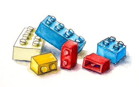 Lego day Watercolor Lego Bricks, Lego Watercolors, Lego Drawing Illustration, Lego Sketch Drawing, Lego Illustrations Drawing, Lego Brick Drawing, Lego Painting Ideas, Lego Drawing Ideas, Lego Drawing Easy