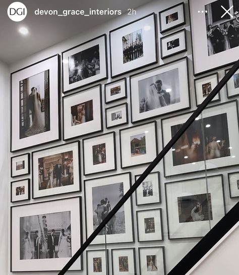 Asymmetrical Gallery Wall, Mixtiles Staircase, Large Frame Gallery Wall Stairs, Black And White Gallery Wall Staircase, Black And White Photo Wall Staircase, Entryway Picture Wall Ideas, Ikea Frames Gallery Wall Stairs, Staircase Gallery Wall Minimal, Diy Small Apartment