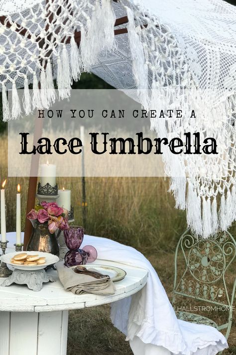 How to Make a Boho Chic Lace Umbrella for outdoors #boho #shabbychic #lace #diy #umbrella #laceumbrella #fringeumbrella #bohochic #farmhousestyle #farmhouse #outdoor #party #brunch #hallstromhome Parasol Diy, Diy Umbrella, Boho Chic Interior Design, Boho Chic Interior, Bohemian Bedroom Design, Lace Umbrella, Interior Design Bohemian, Farmhouse Outdoor, Lace Diy