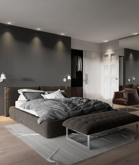 Hints of Master Bedroom on Behance Bachelor Pad Bedroom Masculine Interior, Bachelor Pad Bedroom, Bedroom Masculine, Bachelor Bedroom, Male Bedroom, Grey Bedroom Decor, Masculine Bedroom, Simple Bedroom Design, Boy Bedroom Design