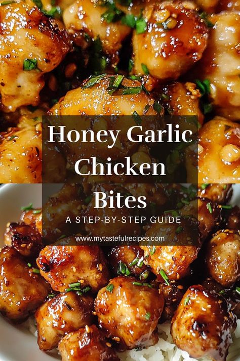 A perfect balance of sweet and savory! These Honey Garlic Chicken Bites are crispy, juicy, and coated in a flavorful honey garlic sauce. Great for weeknight meals or party appetizers. Chicken Bites With Sauce, Honey Chicken Meatballs, Honey Infused Garlic, Sticky Honey Garlic Pork Bites, Baked Honey Bbq Chicken Bites, Chicken Bites Crockpot Recipes, Honey Garlic Chicken Meatballs, Honey Garlic Chicken Meal Prep, Homemade Chicken Bites