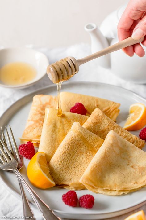 Raspberry Crepes, Blender Crepes, Honey Pancakes, Crepe Ingredients, Honey Breakfast, Homemade Crepes, Crepes Recipe, Crepe Batter, Lemon Honey