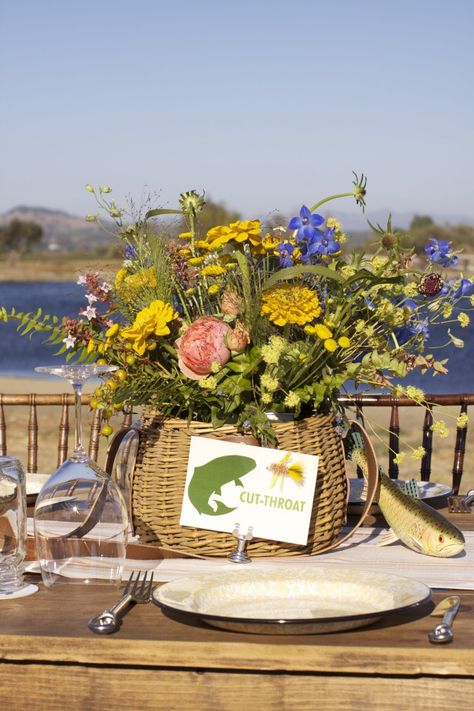 Fly Fishing Party, Fly Fishing Themed Party, Fishing Theme Tablescape, Fly Fishing Wedding Ideas, Fly Fishing Wedding, Fish Centerpiece, Rehearsal Dinner Themes, Fishing Theme Party, Basket Centerpieces