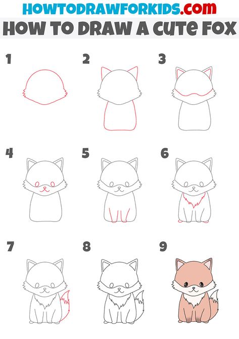 how to draw a cute fox step by step Cute Animals Drawings Step By Step, Fox Step By Step Drawing, Fox Drawing Easy Step By Step, How To Draw Chibi Animals, How To Draw A Animal, How To Draw A Fox Step By Step, How To Draw A Fox Easy, Fox Drawing Step By Step, Fox Doodle Simple