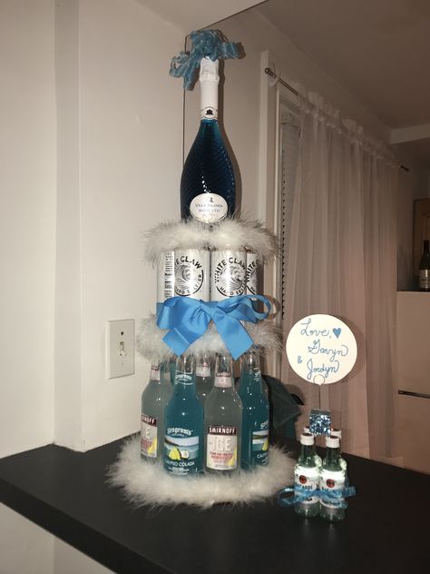 21 Hotel Party 21st Birthday, Birthday Party Alcohol, Alcohol Tower 21st Birthday, Alcohol Tower, 21st Birthday Centerpieces, 21st Birthday Drinks, Batman Party Decorations, Beer Cakes, Bday Vibes