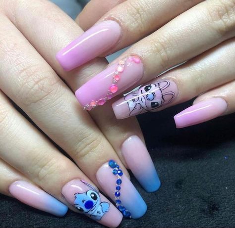 Angel From Lilo And Stitch Nails, Pink Stitch Nails, Stitch Nails Short, Stitch Nails, Beach Nails Art, Iconic Movie Scenes, Christmas Acrylic Nails, Pink Black Nails, Stitch Merchandise